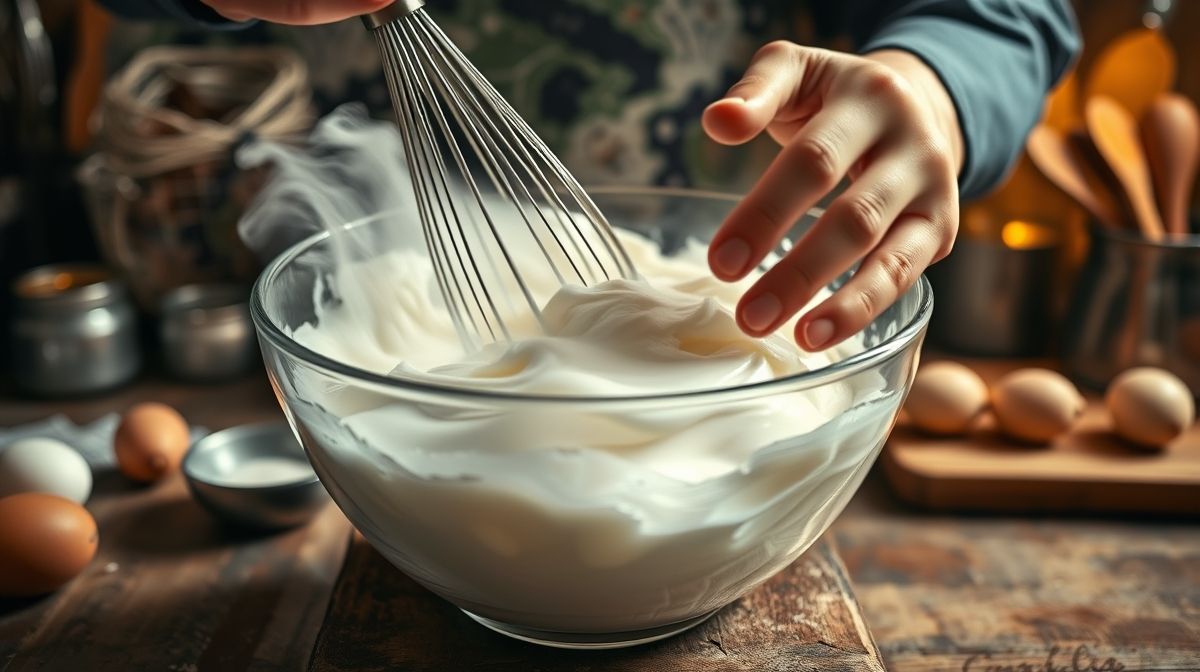 Mãos batendo claras em neve em uma tigela de vidro para formar o merengue do pudim.