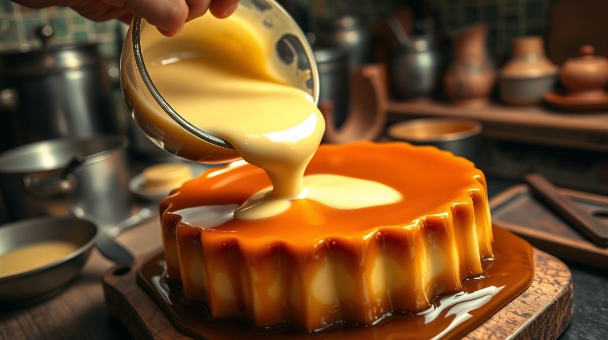 Mãos despejando a mistura de leite e ovos na fôrma caramelizada