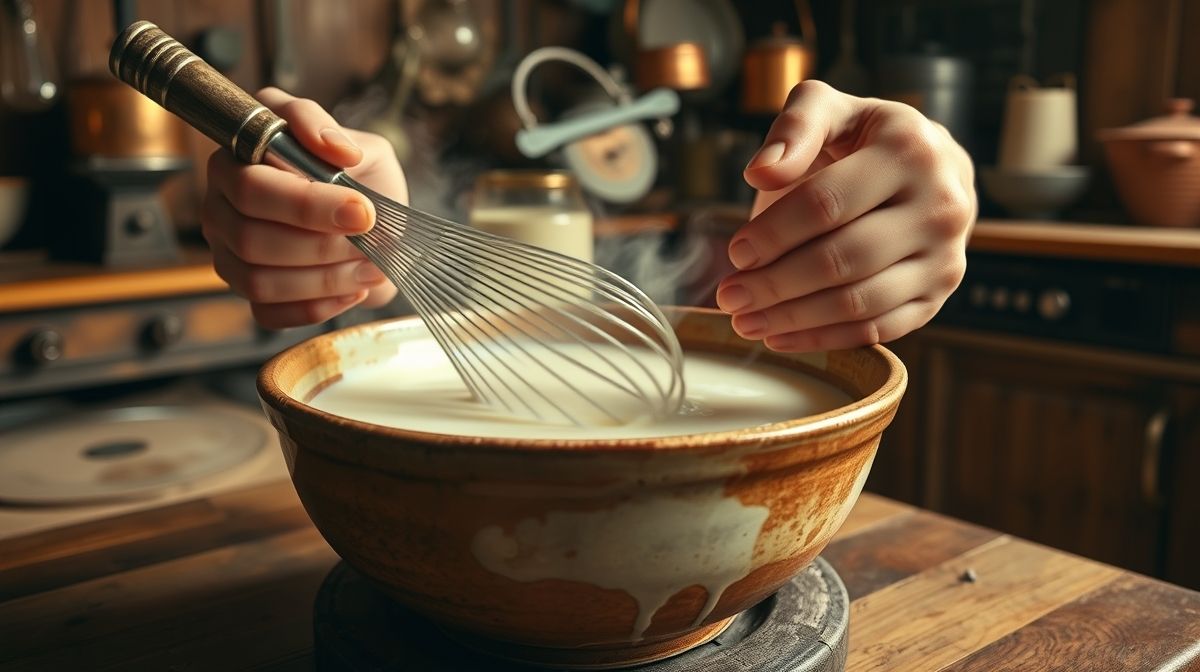 Mãos preparando a mistura do pudim com ovos e leite