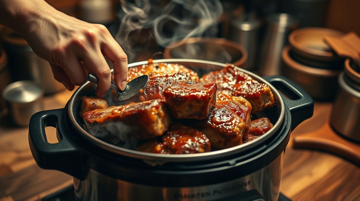 Mãos dourando os pedaços de suã dentro da panela de pressão