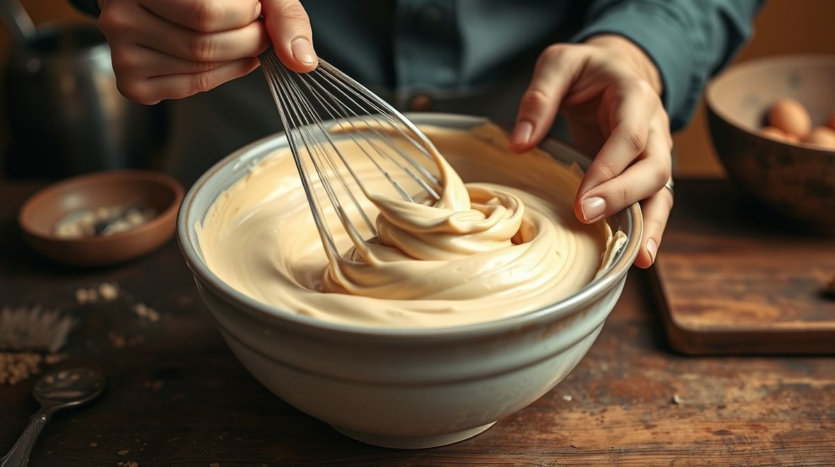 Mãos preparando o creme de aveia com cacau, misturando os ingredientes em uma tigela.