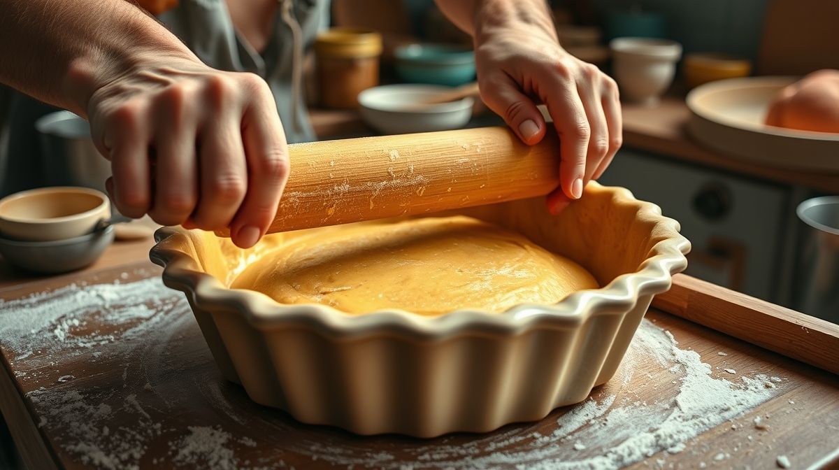 Mãos abrindo a massa da torta em uma forma com rolo de cozinha.