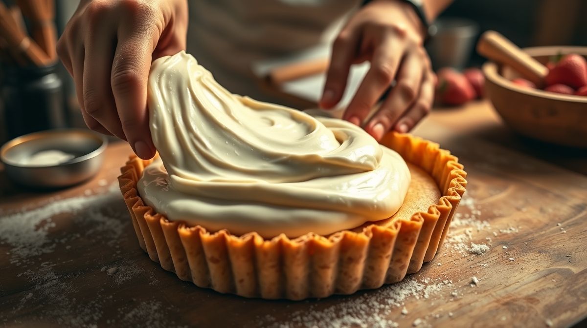 Mãos espalhando creme sobre a massa assada da torta