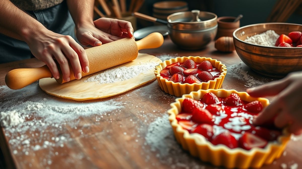 Mãos preparando a massa da torta em uma etapa fundamental da receita.