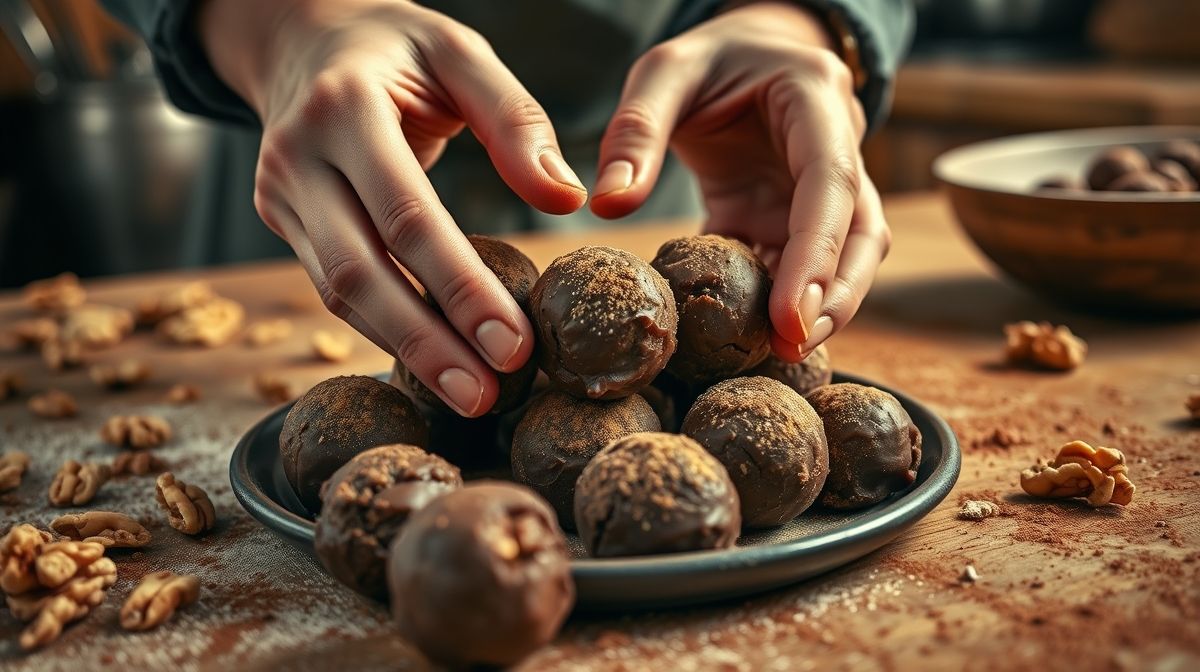 Mãos modelando as bolinhas de trufa com a massa cremosa de tâmaras e nozes.