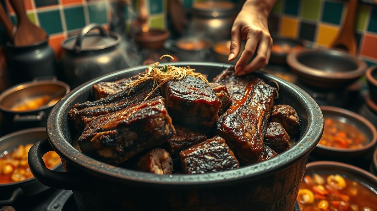 Mãos dourando costela em uma panela grande, passo fundamental da vaca atolada.