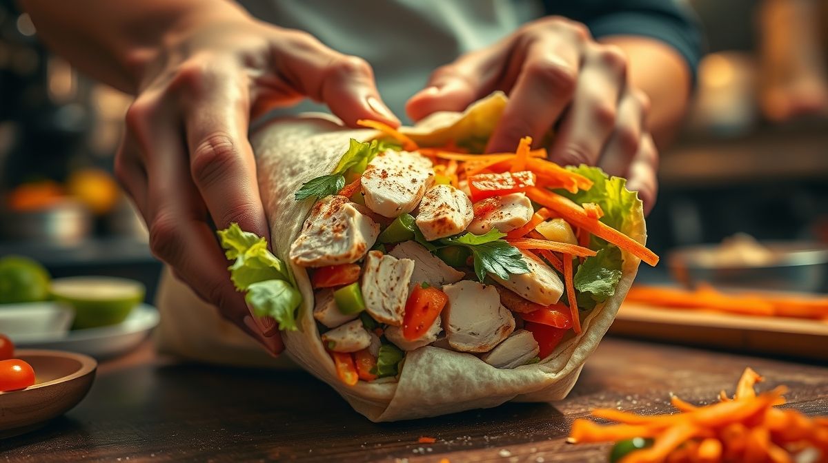 Mãos montando o wrap com o recheio de frango e legumes em uma cozinha caseira