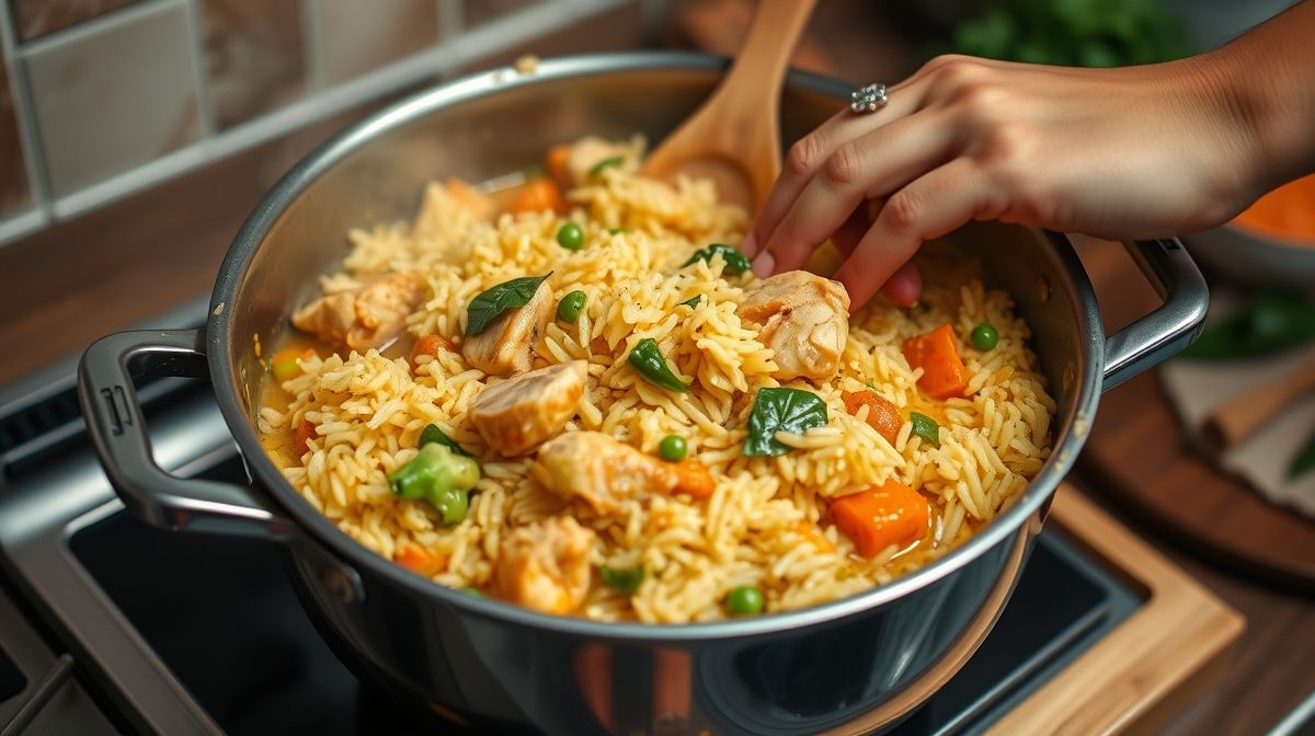 Mãos refogando frango e temperos em panela funda durante o preparo do arroz caldoso com curry