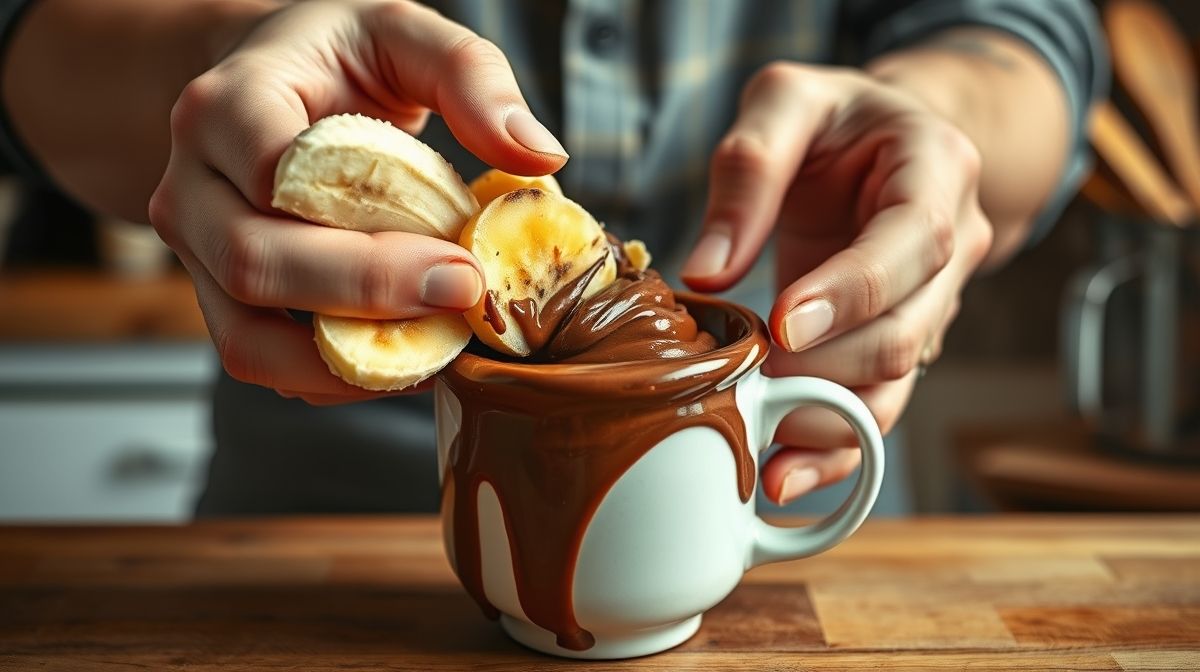Mãos adicionando banana amassada na caneca durante o preparo da receita