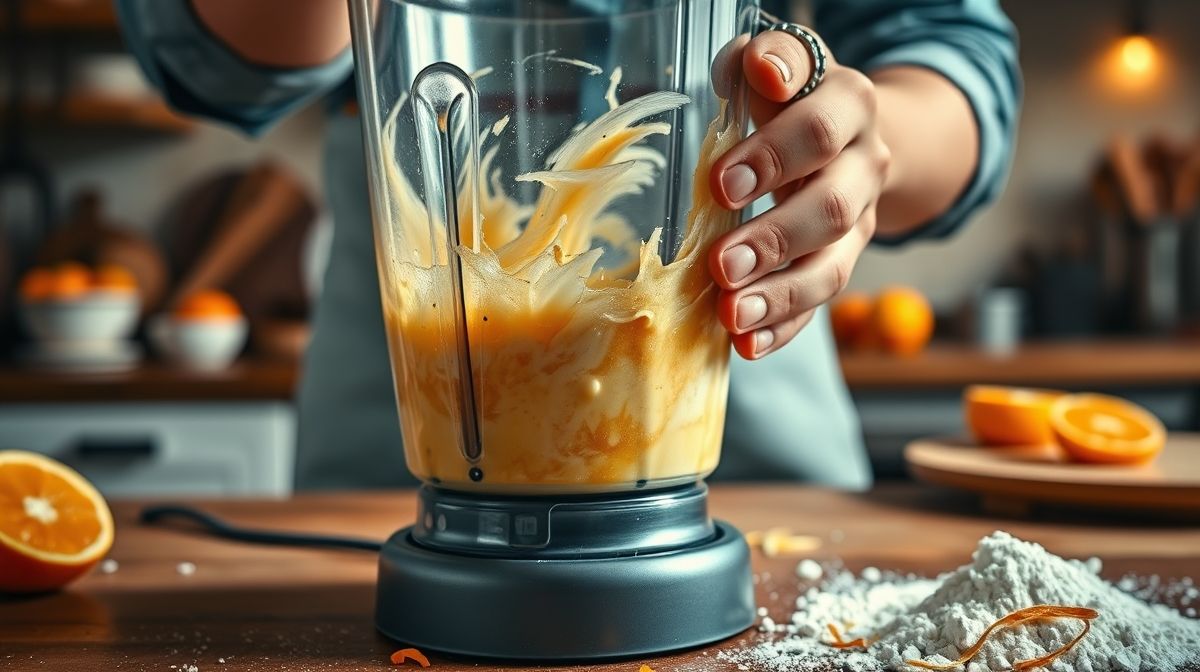 Mãos batendo a massa do bolo de laranja no liquidificador, transmitindo o preparo caseiro
