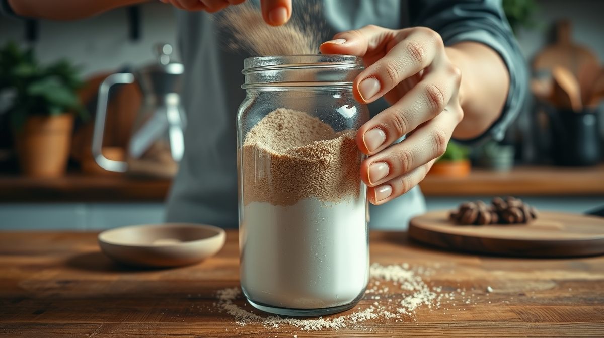 Mãos despejando a mistura de cappuccino em pote de vidro durante o preparo