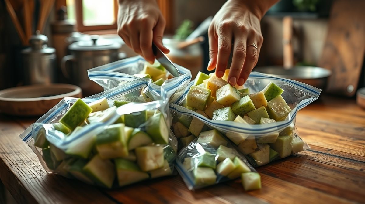 Mãos cortando e preparando chuchu em cubos para congelamento em sacos plásticos