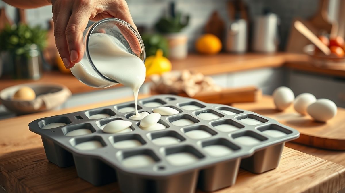 Mãos despejando claras de ovo em formas de gelo para congelar individualmente