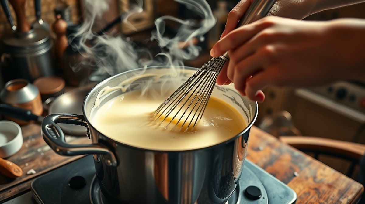 Mãos mexendo o creme em uma panela durante o cozimento da mistura.