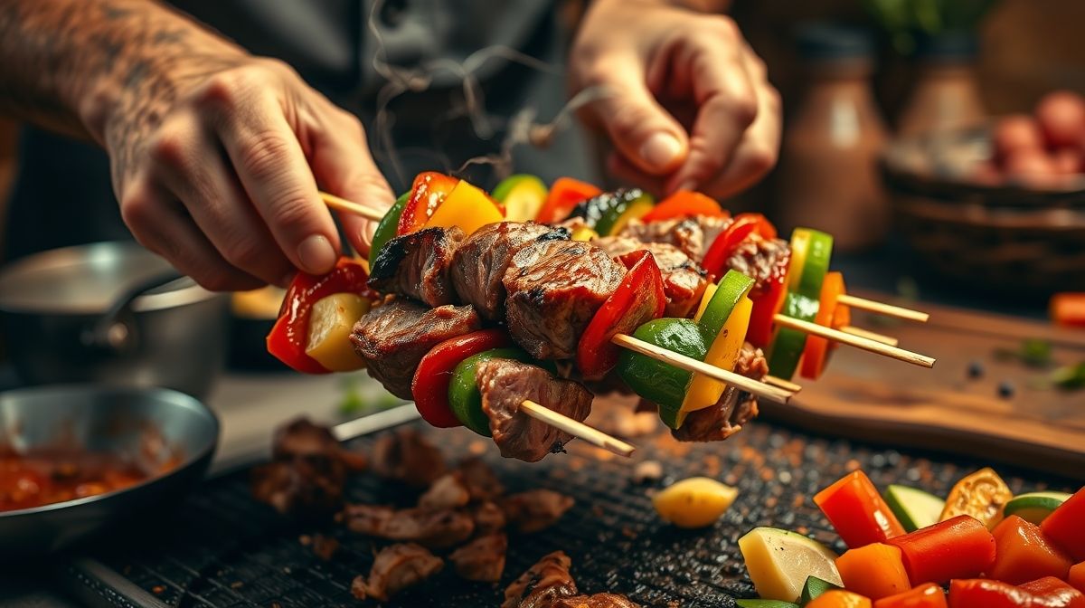 Mãos espetando carne e legumes em palitos, preparando os espetinhos antes da churrasqueira