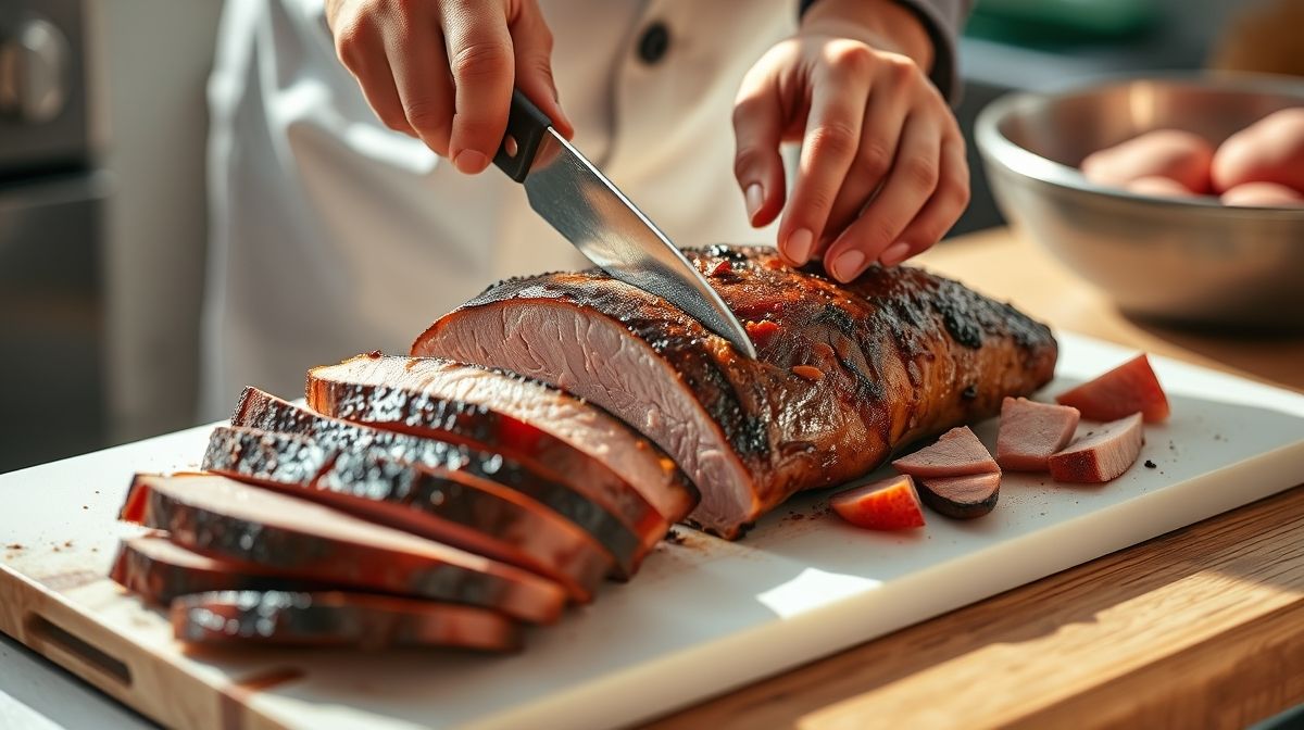 Mãos cortando e porcionando carne assada já fria em uma tábua, antes de embalar.