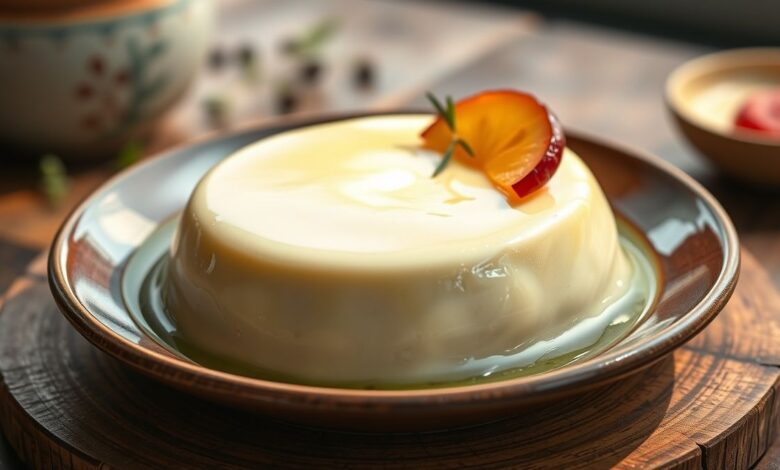 Pudim clássico dourado com calda brilhante de caramelo servido em prato de sobremesa