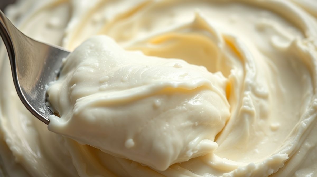 Close-up do requeijão cremoso após descongelamento e re-emulsificação, destacando a textura restaurada