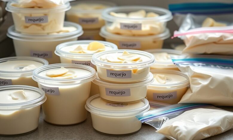 Potes e sacos de requeijão cremoso prontos para serem congelados, mostrando organização no processo