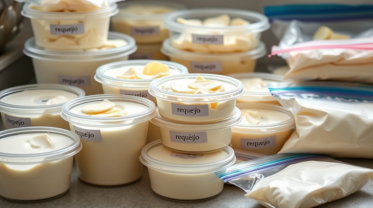 Potes e sacos de requeijão cremoso prontos para serem congelados, mostrando organização no processo