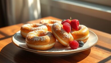 Rosquinhas douradas, leves e fofinhas servidas em prato de porcelana, com aspecto caseiro e saudável.