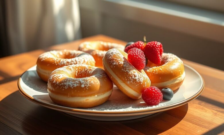 Rosquinhas douradas, leves e fofinhas servidas em prato de porcelana, com aspecto caseiro e saudável.