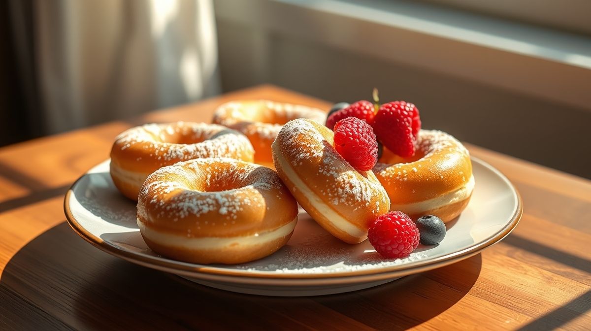 Rosquinhas douradas, leves e fofinhas servidas em prato de porcelana, com aspecto caseiro e saudável.