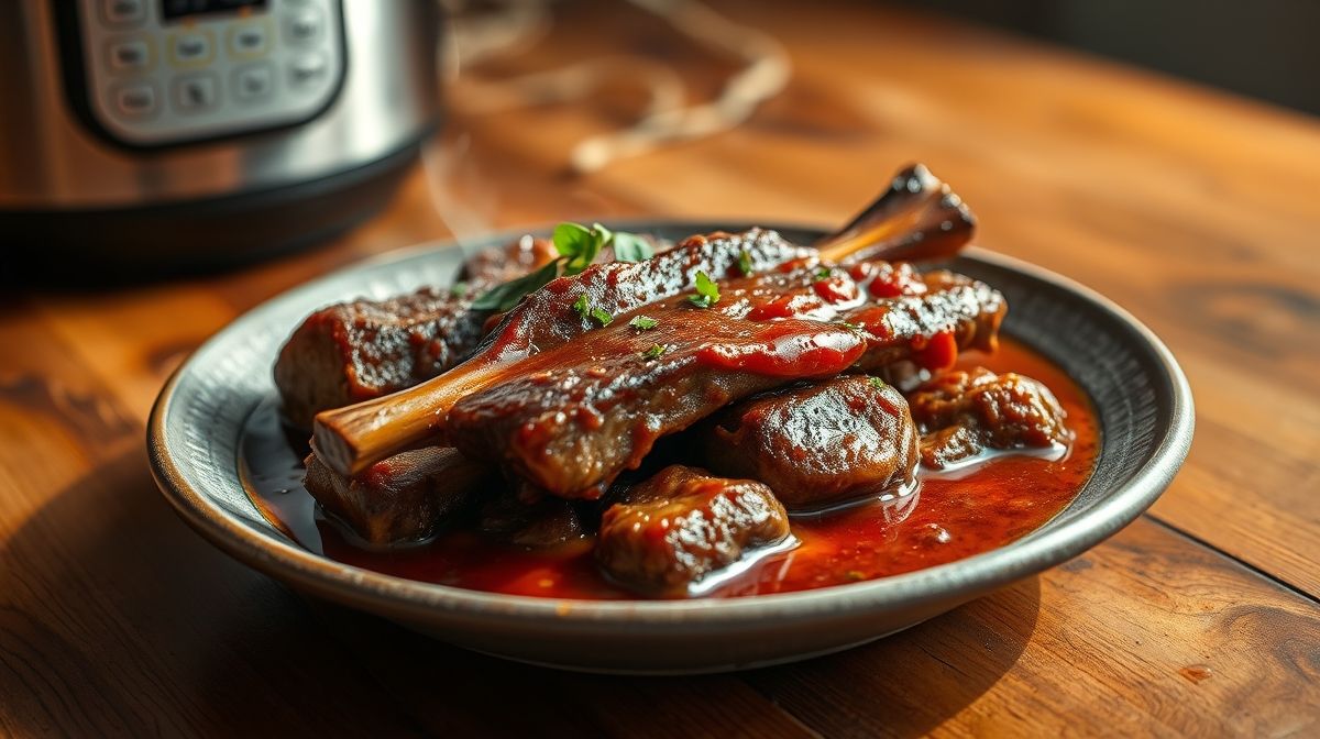 Prato de suã na panela de pressão pronto, suculento e dourado, servido com cheiro-verde fresco