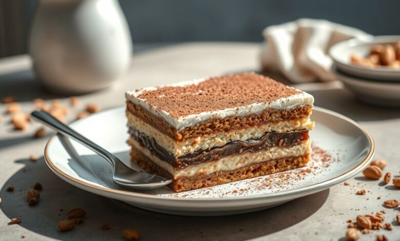 Taças individuais de tiramisu de aveia sem açúcar, com camadas de creme e cacau polvilhado.