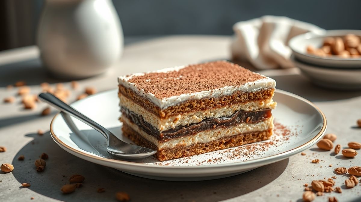 Tiramisu de aveia sem açúcar servido em taças individuais, com camadas cremosas e polvilhado com cacau.