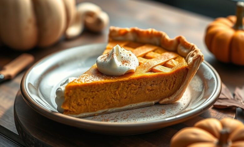 Torta de abóbora americana dourada, com massa crocante e recheio cremoso, servida em fatia sobre prato elegante.
