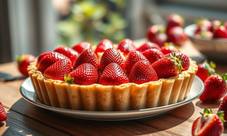 Torta de morango finalizada, com creme claro, massa dourada e frutas frescas brilhando em calda delicada