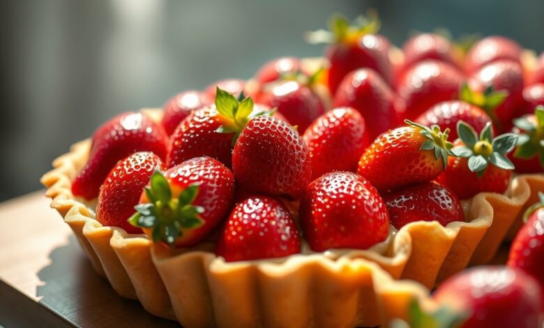 Torta de morango decorada com creme sedoso e morangos brilhantes, em prato elegante pronta para servir.