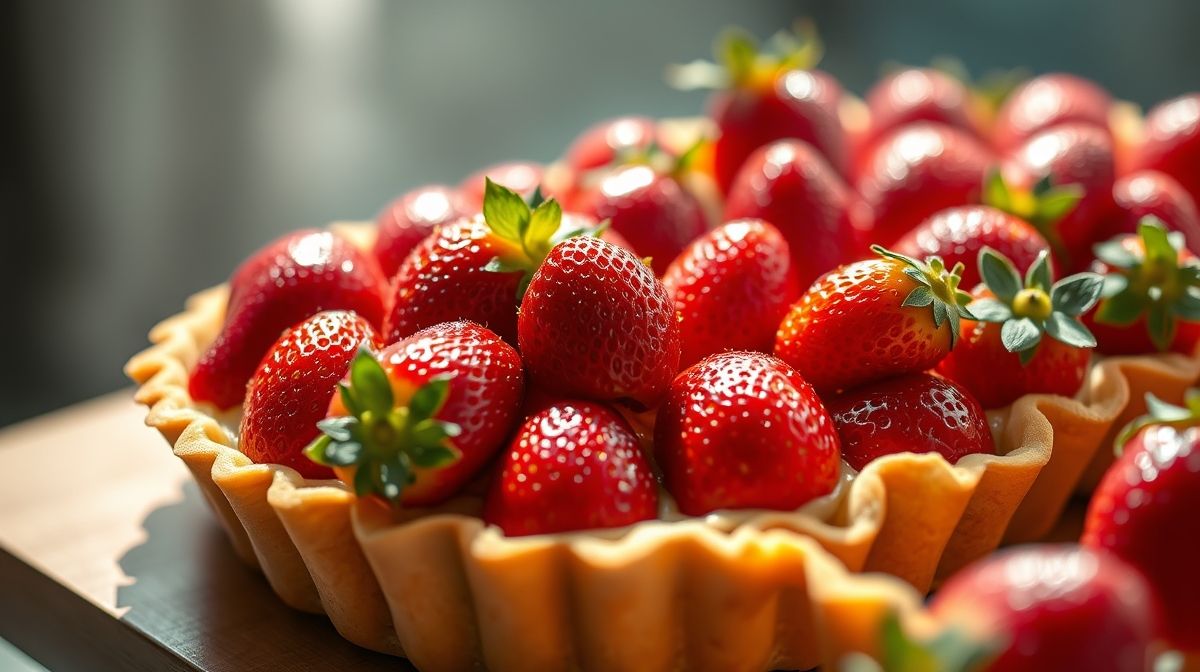 Torta de morango pronta com creme cremoso e frutas frescas brilhantes, sobremesa clássica e elegante.