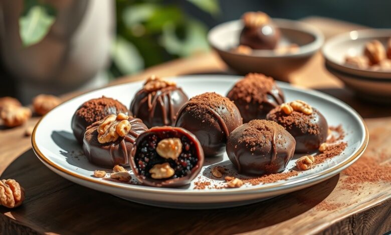 Trufas de tâmara com nozes e cacau finalizadas, polvilhadas com cacau em pó e coco ralado, servidas em um prato rústico.