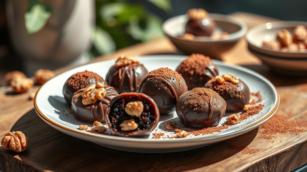 Trufas de tâmara com nozes e cacau veganas, polvilhadas com cacau, dispostas em um prato elegante como sobremesa saudável e nutritiva