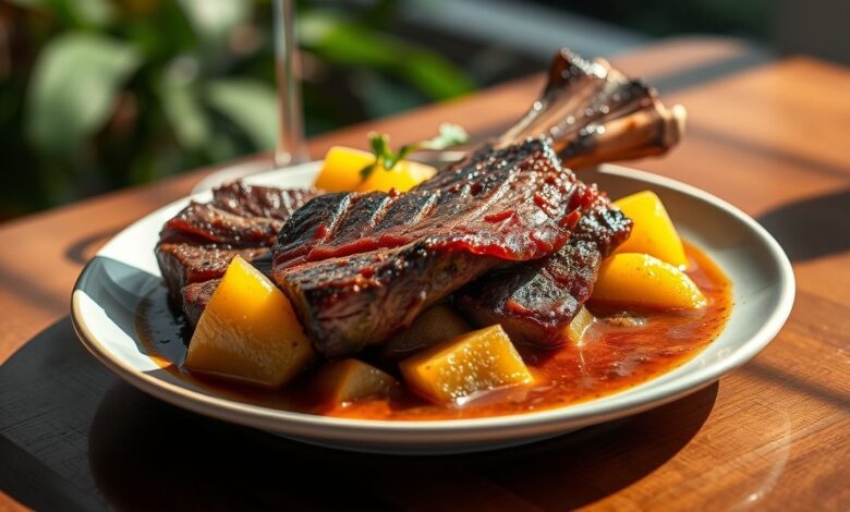 Ensopado de costela bovina com mandioca, servido quente e encorpado, típico da culinária mineira.