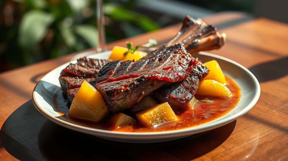 Prato de vaca atolada mineira pronto, ensopado de costela com mandioca servido bem temperado.