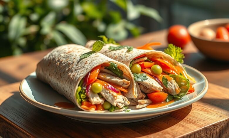 Wrap saudável de frango desfiado com legumes frescos, dourado e crocante, servido em prato branco elegante