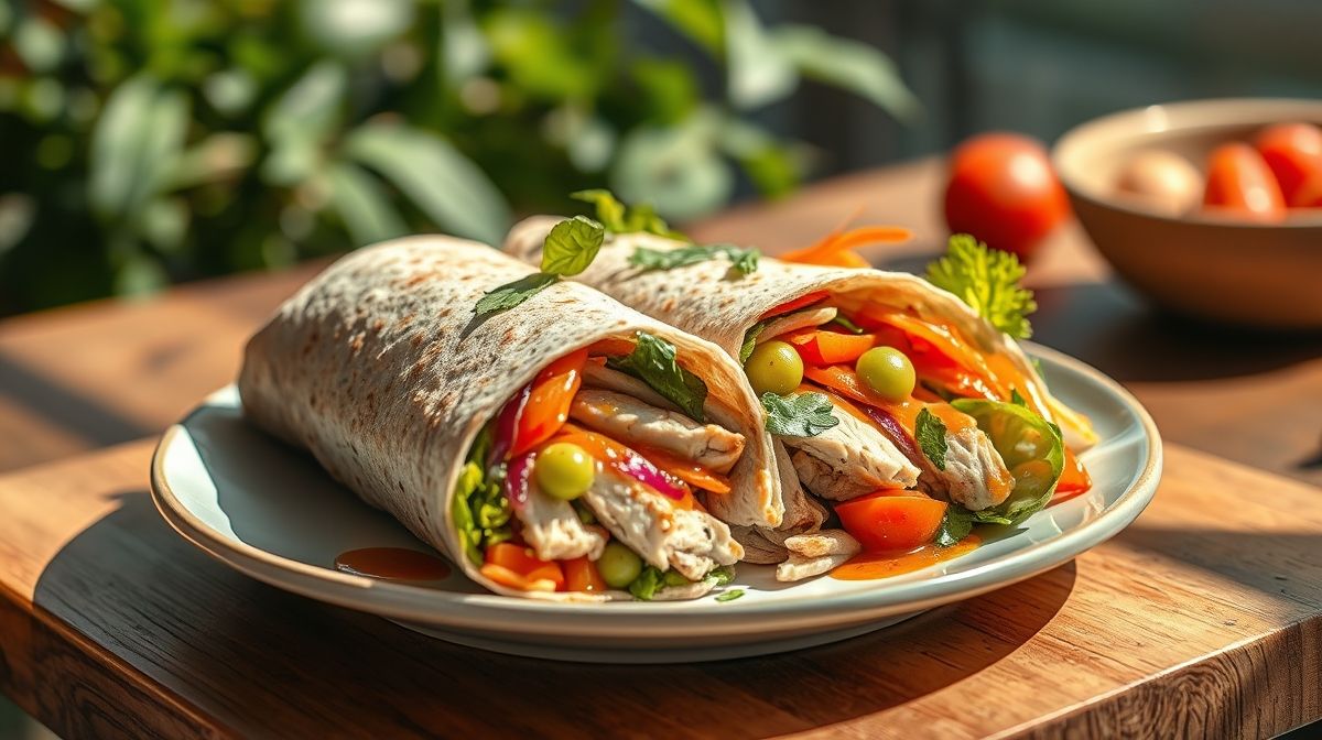 Wrap saudável de frango desfiado com legumes frescos, dourado e crocante, servido em prato branco elegante