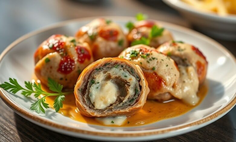 Almôndegas douradas com recheio de queijo derretido, servidas em prato rústico com molho de tomate ao fundo.