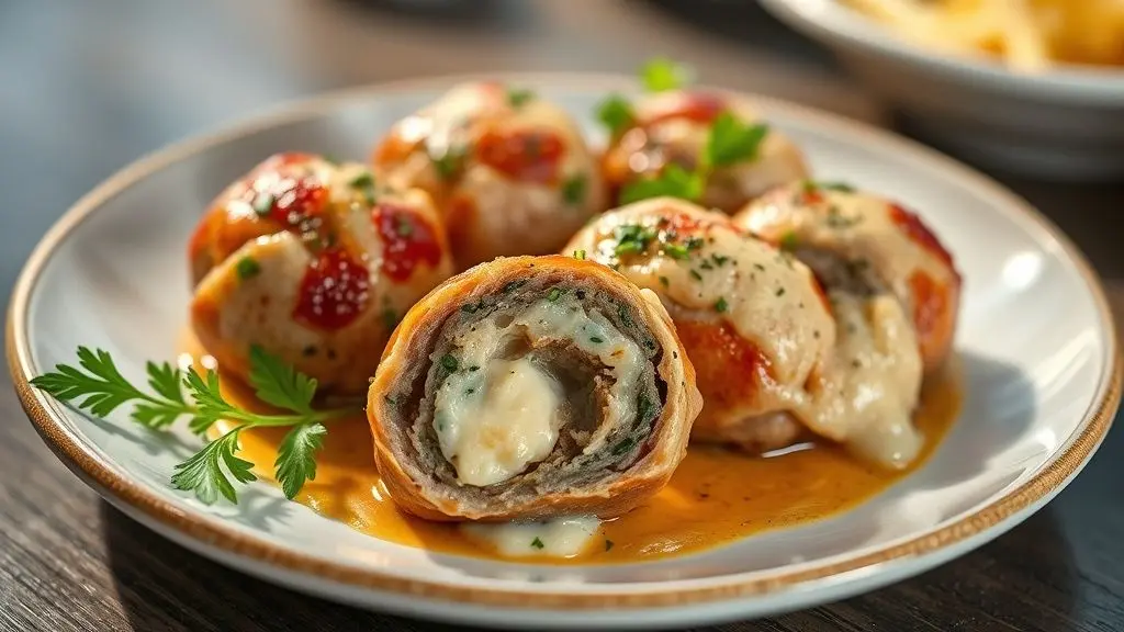 Almôndegas douradas com recheio de queijo derretido, servidas em prato rústico com molho de tomate ao fundo.