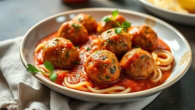 Almôndegas sem ovo douradas e servidas em molho de tomate, bem apresentadas em prato fundo.