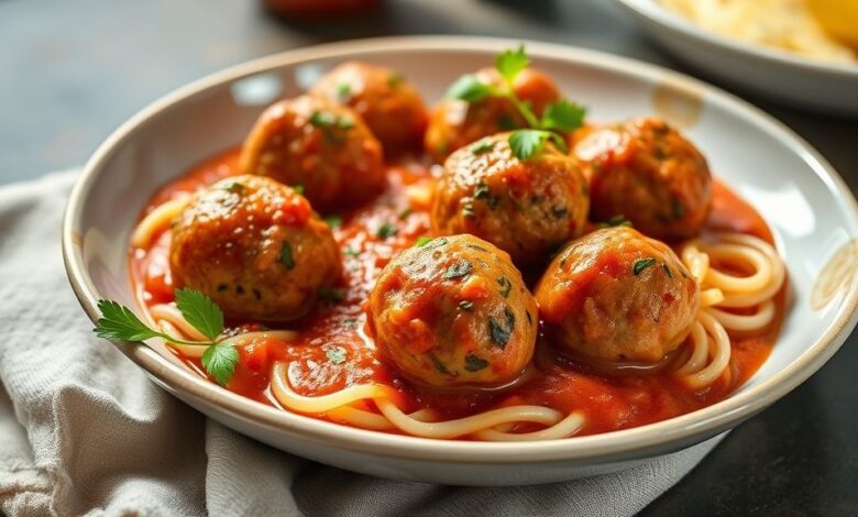 Almôndegas sem ovo douradas e servidas em molho de tomate, bem apresentadas em prato fundo.