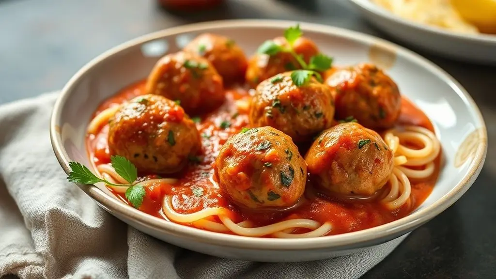 Almôndegas sem ovo douradas e servidas em molho de tomate, bem apresentadas em prato fundo.