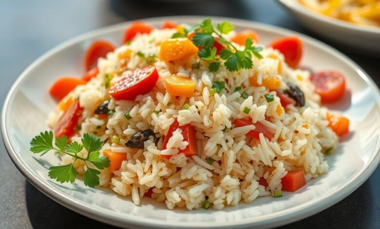 Refratário de arroz de forno dourado com legumes coloridos e queijo gratinado