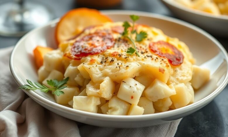 Prato de batata gratinada cremosa pronto, dourado e gratinado, servido em refratário rústico.