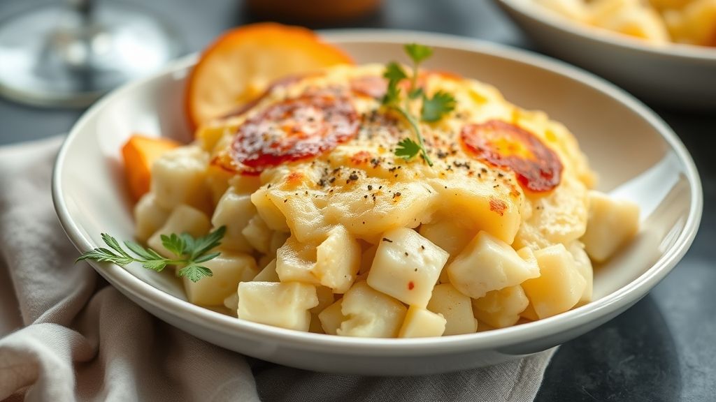 Batata gratinada cremosa dourada no forno, servida em refratário, com queijo gratinado crocante por cima.