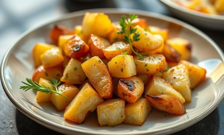 Prato de batata sauté bem douradinha, salpicada com salsa fresca, servido em tigela elegante