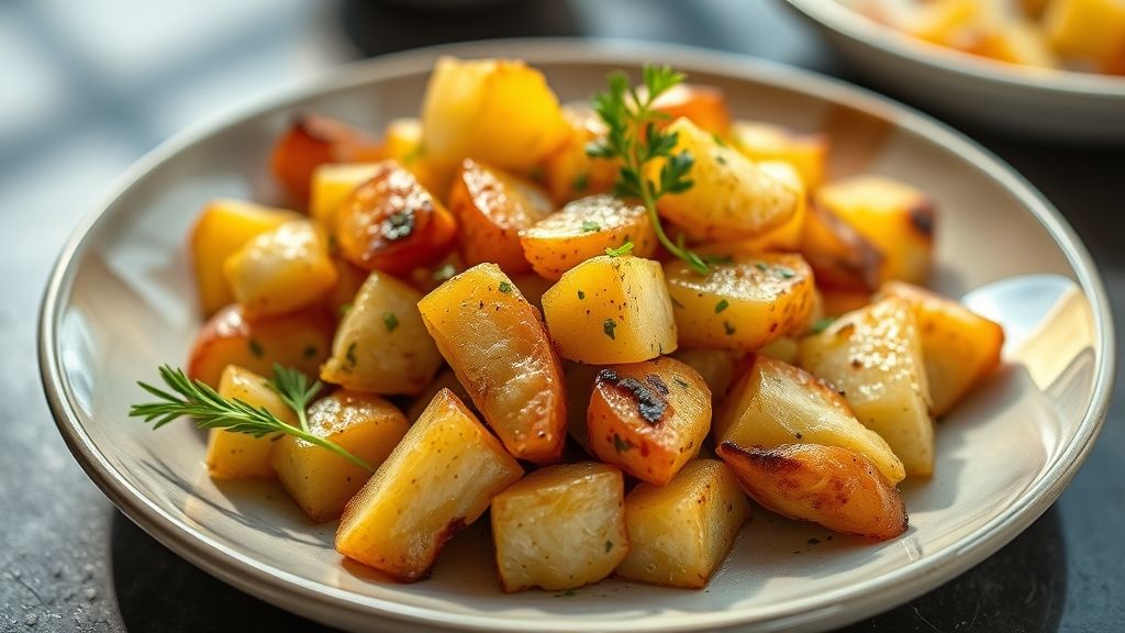 Batata sauté douradinha e crocante por fora, macia por dentro, servida com salsa fresca